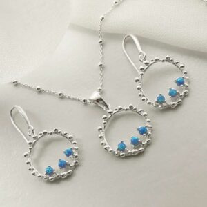 three opalite gems in water droplets circle dangly earrings and necklace