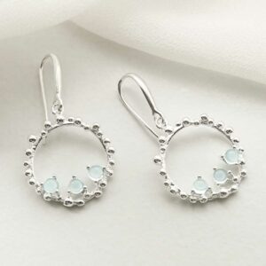 three blue topaz gems in water droplets circle dangly earrings