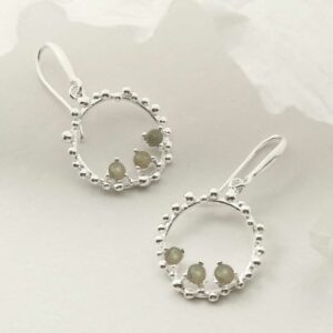 three labradorite gems in water droplets circle dangly earrings