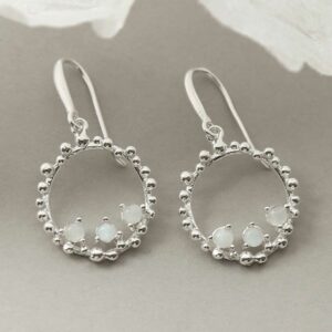 three moonstone gems in water droplets circle dangly earrings