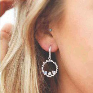 three moonstone gems in water droplets circle dangly earrings on model