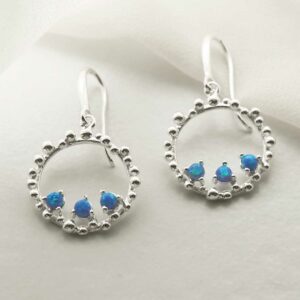 three opalite gems in water droplets circle dangly earrings