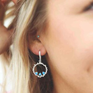 three opalite gems in water droplets circle dangly earrings on model