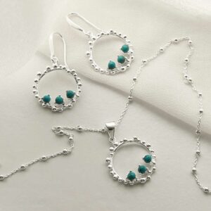 three turquoise gems in water droplets circle dangly earrings and necklace