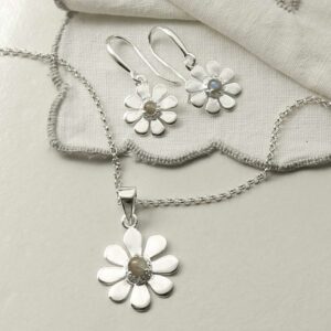 single labradorite gem in centre of daisy earrings and necklace