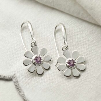 MZB115E AM STERLING SILVER AMETHYST DAISY DANGLY EARRINGS 1