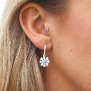 single opalite gem in centre of daisy earrings on model