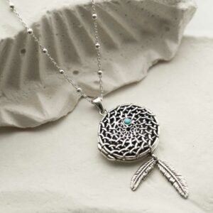 silver woven design dream catcher locket with turquoise on ball chain