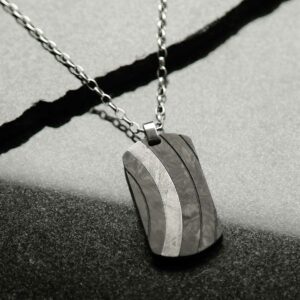 Meteorite and carbon fibre curve dog tag necklace on stone with shadow