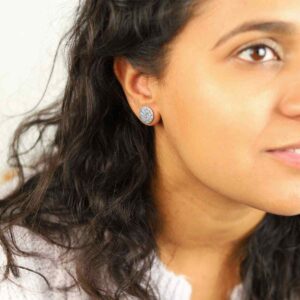 Brunette Model Wearing Silver Hammered Disc Studs