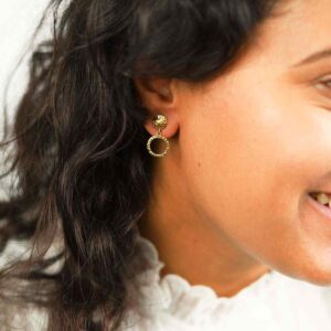 Brunette Model Wearing Gold Plated Silver Door Knocker Earrings