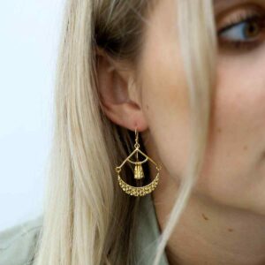 Blonde Model Wearing Gold Plated Silver Mayan Earrings