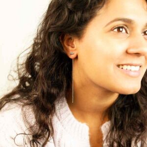 Brunette Model Wearing Sterling Silver Tiny Bar Chain Threaders