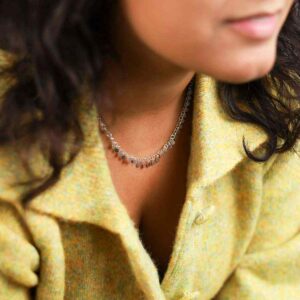 Brunette Model In Green Jacket Wearing Sterling Silver Sequin Necklace