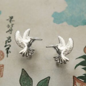 silver hummingbird in flight stud earrings front view