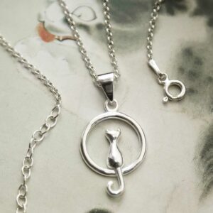 silver cat and full moon pendant on plain chain