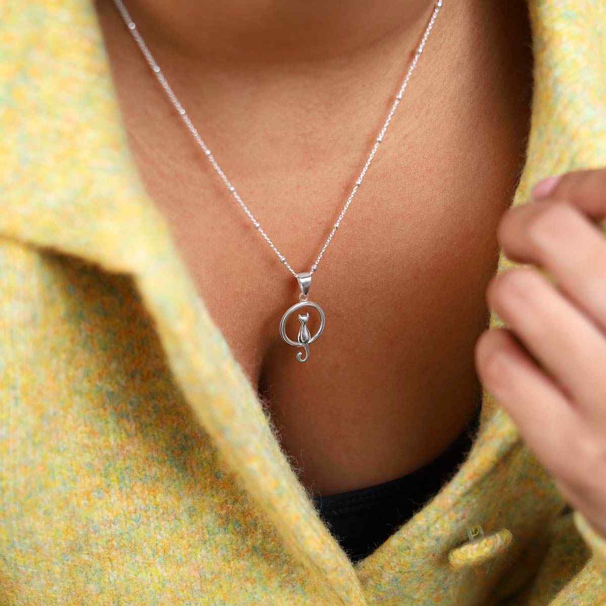 Mother and Child Cat Necklace, Moon Cat Pendant in Silver With
