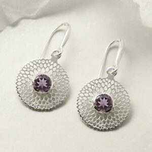 single amethyst gem in centre of chrysanthemum earrings