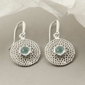 single blue topaz gem in centre of chrysanthemum earrings