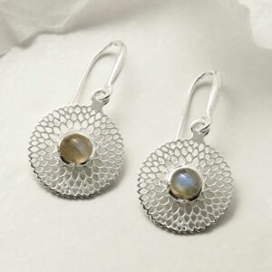 single labradorite gem in centre of chrysanthemum earrings