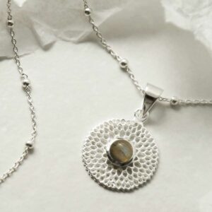 single labradorite gem in centre of chrysanthemum pendant