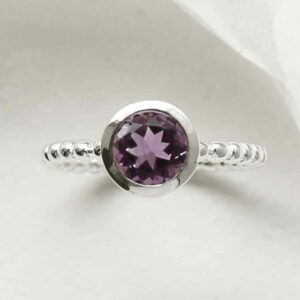 silver beaded band amethyst ring faceted