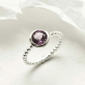 silver beaded band amethyst ring upright