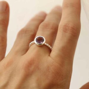 silver beaded band amethyst ring on model