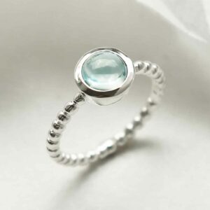 silver beaded band blue topaz ring upright