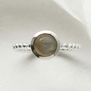 silver beaded band labradorite ring round