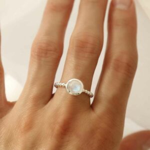 silver beaded band moonstone ring on model