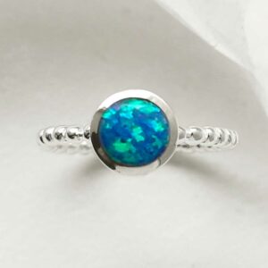 silver beaded band opalite ring round