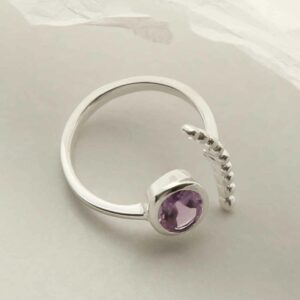 silver adjustable amethyst ring with beaded side laid