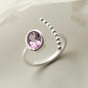 silver adjustable amethyst ring with beaded side upright