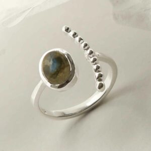 silver adjustable labradorite ring with beaded side upright