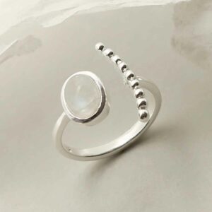 silver adjustable moonstone ring with beaded side upright