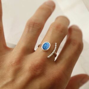 silver adjustable opalite ring with beaded side on model