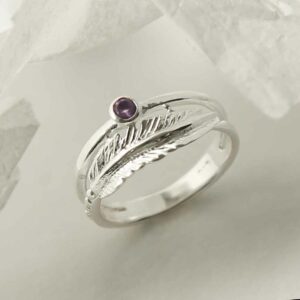 silver amethyst ring with feather band upright