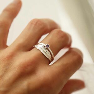 silver amethyst ring with feather band on model