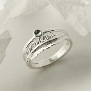 silver blue topaz ring with feather band upright