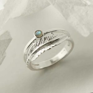 silver labradorite ring with feather band upright