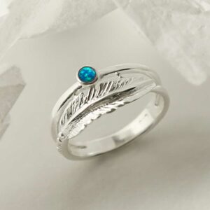 silver opalite ring with feather band upright