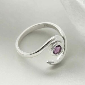 silver adjustable amethyst ring with spiral band laid