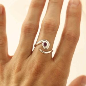 silver adjustable amethyst ring with spiral band on model