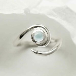 silver adjustable blue topaz ring with spiral band top down