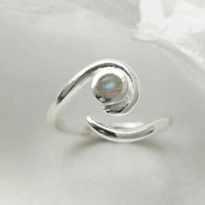 silver adjustable labradorite ring with spiral band top down