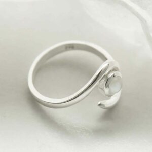 silver adjustable moonstone ring with spiral band laid