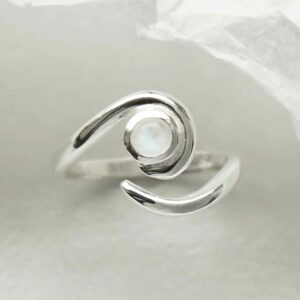 silver adjustable moonstone ring with spiral band top down