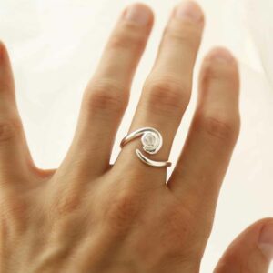 silver adjustable moonstone ring with spiral band on model