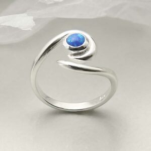 silver adjustable opalite ring with spiral band upright